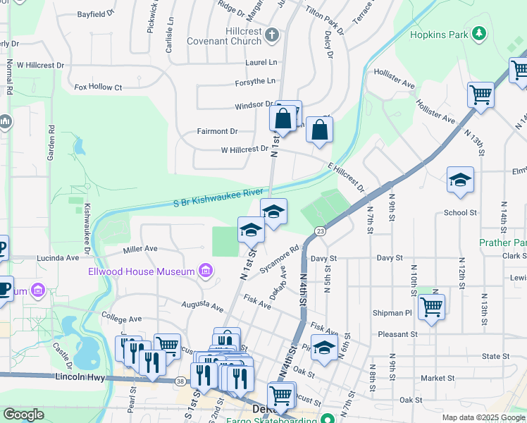 map of restaurants, bars, coffee shops, grocery stores, and more near 717 North 1st Street in DeKalb