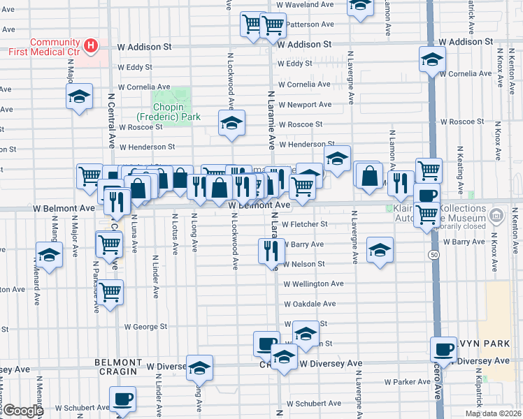map of restaurants, bars, coffee shops, grocery stores, and more near 5219 West Belmont Avenue in Chicago