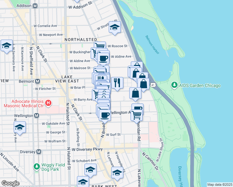 map of restaurants, bars, coffee shops, grocery stores, and more near 463 West Briar Place in Chicago