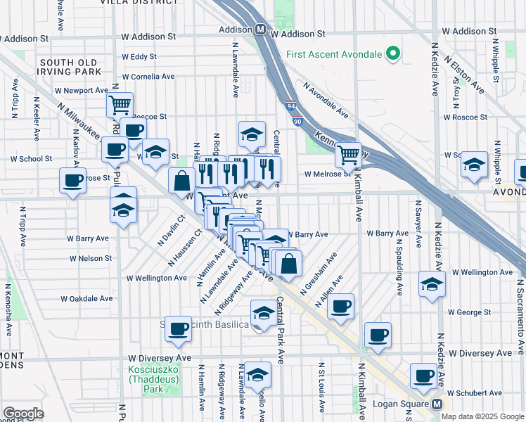 map of restaurants, bars, coffee shops, grocery stores, and more near 3137 North Monticello Avenue in Chicago