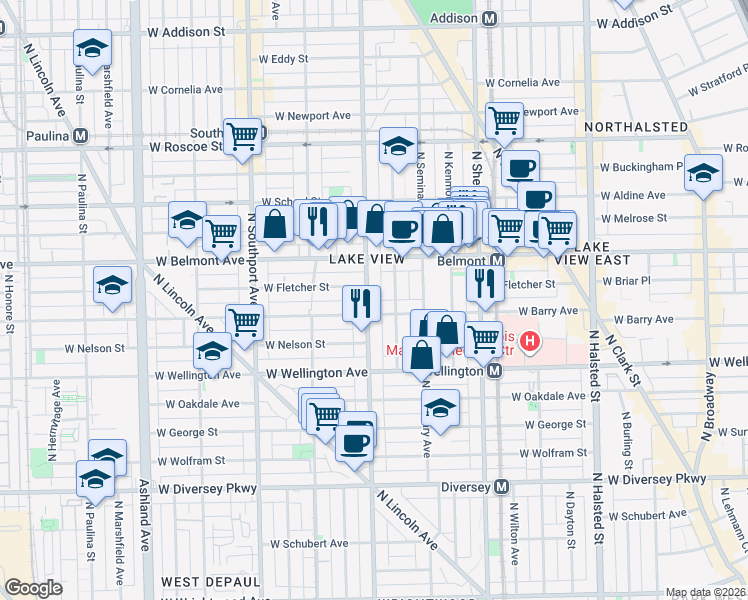 map of restaurants, bars, coffee shops, grocery stores, and more near 3113 North Racine Avenue in Chicago
