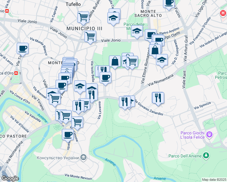 map of restaurants, bars, coffee shops, grocery stores, and more near 20 Via Emilio de Marchi in Roma