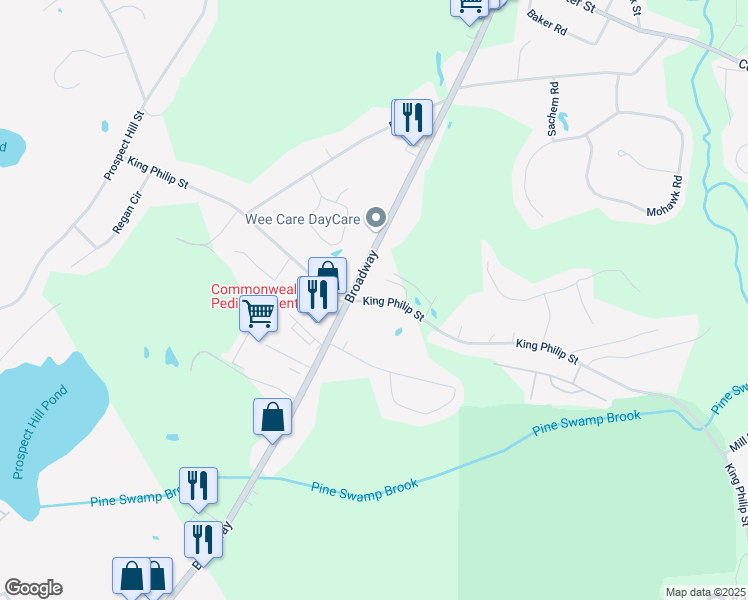 map of restaurants, bars, coffee shops, grocery stores, and more near 334 King Philip Street in Raynham