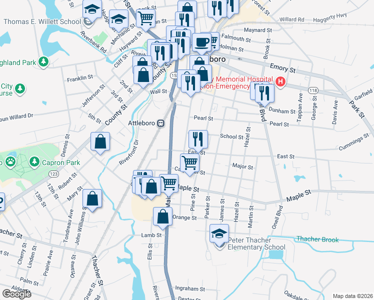 map of restaurants, bars, coffee shops, grocery stores, and more near 20 East Street in Attleboro