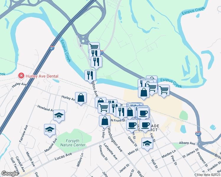 map of restaurants, bars, coffee shops, grocery stores, and more near 500 Washington Avenue in Kingston