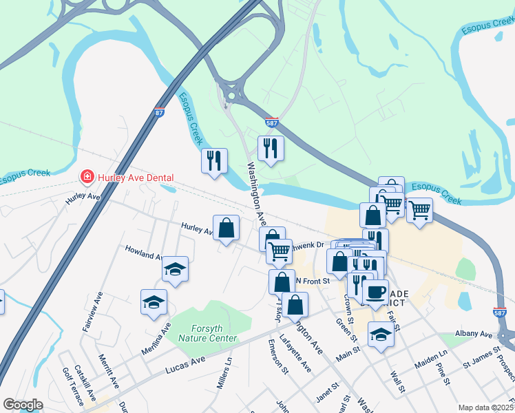 map of restaurants, bars, coffee shops, grocery stores, and more near Patroon Lane in Kingston