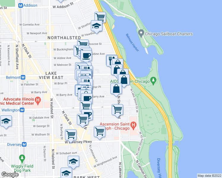 map of restaurants, bars, coffee shops, grocery stores, and more near 423A West Briar Place in Chicago