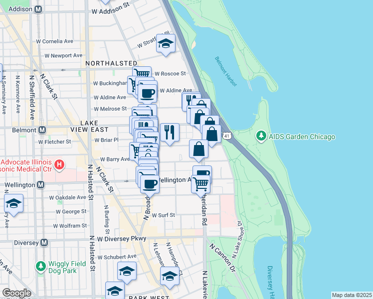 map of restaurants, bars, coffee shops, grocery stores, and more near 423A West Briar Place in Chicago