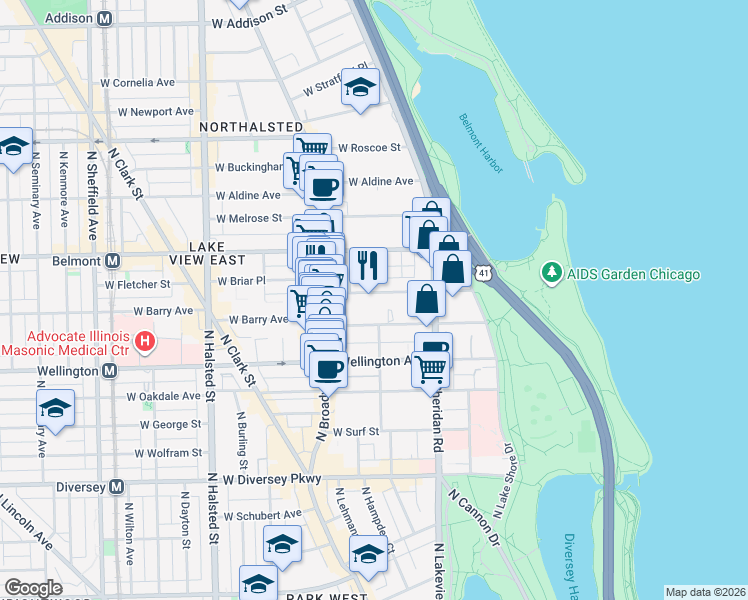 map of restaurants, bars, coffee shops, grocery stores, and more near 463 West Briar Place in Chicago