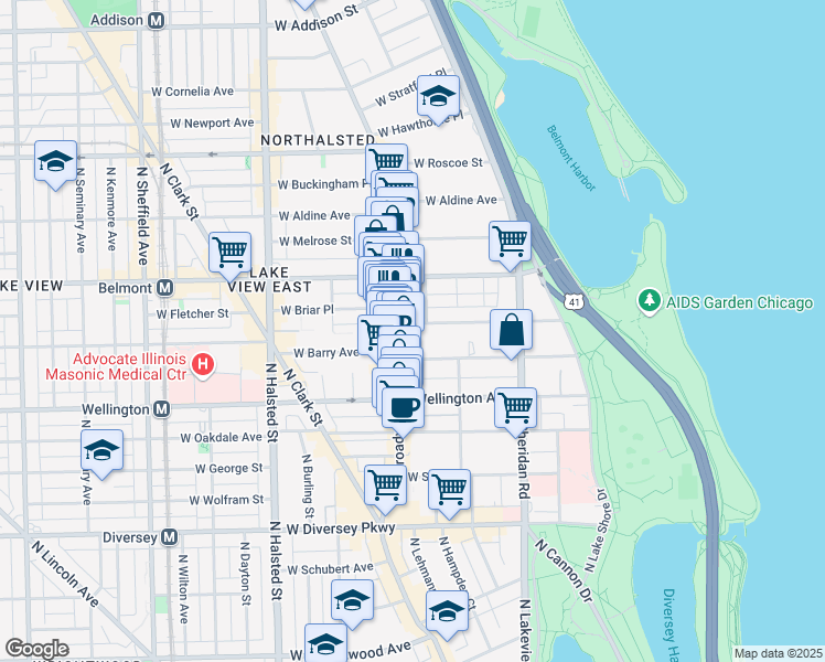 map of restaurants, bars, coffee shops, grocery stores, and more near 533 West Briar Place in Chicago