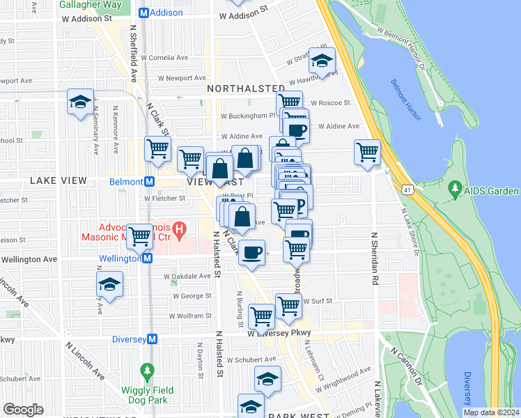 map of restaurants, bars, coffee shops, grocery stores, and more near 3117 North Orchard Street in Chicago