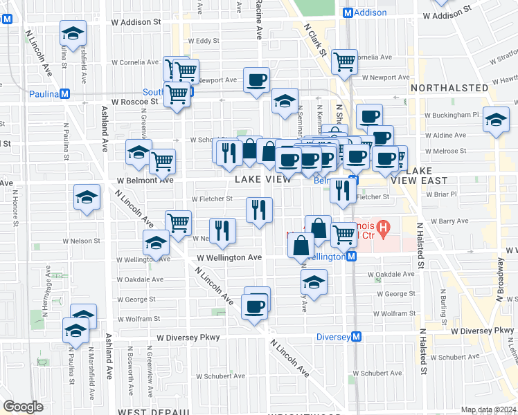 map of restaurants, bars, coffee shops, grocery stores, and more near 3117 North Racine Avenue in Chicago