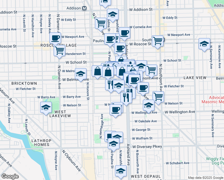 map of restaurants, bars, coffee shops, grocery stores, and more near 1645 West Fletcher Street in Chicago