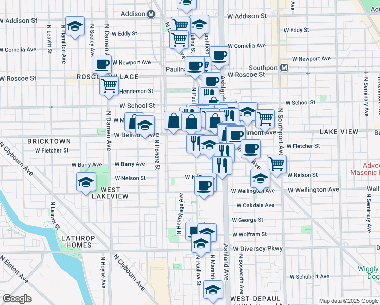map of restaurants, bars, coffee shops, grocery stores, and more near 1723 West Fletcher Street in Chicago