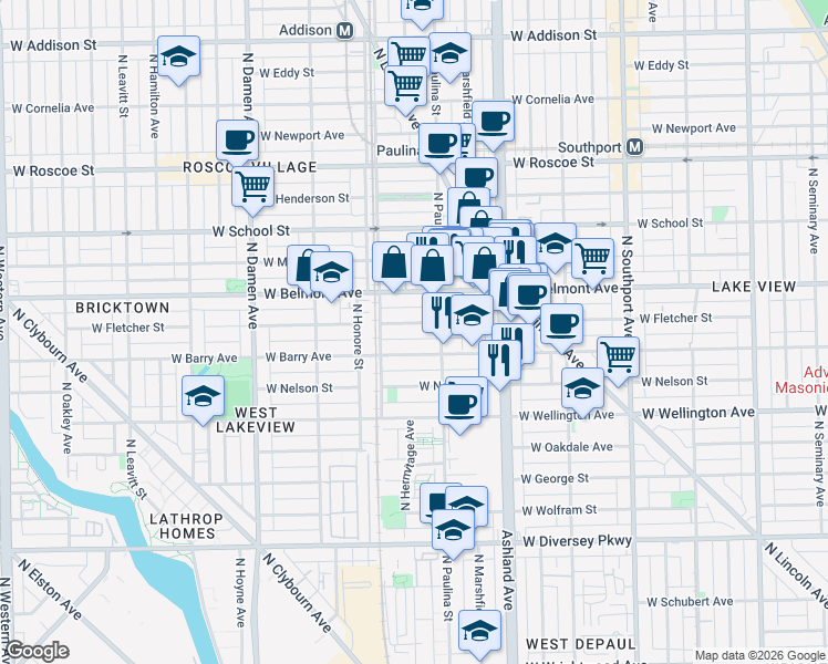 map of restaurants, bars, coffee shops, grocery stores, and more near 1723 West Fletcher Street in Chicago
