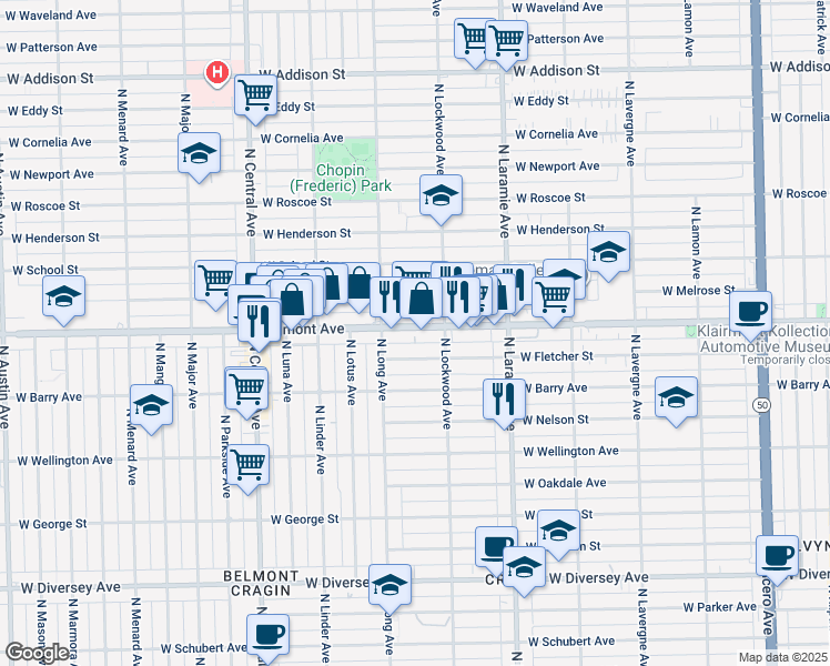 map of restaurants, bars, coffee shops, grocery stores, and more near 5335 West Belmont Avenue in Chicago