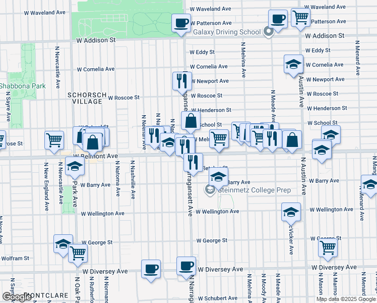 map of restaurants, bars, coffee shops, grocery stores, and more near 3195 North Narragansett Avenue in Chicago