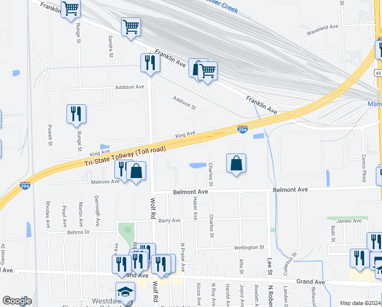 map of restaurants, bars, coffee shops, grocery stores, and more near 11045 Gage Avenue in Franklin Park