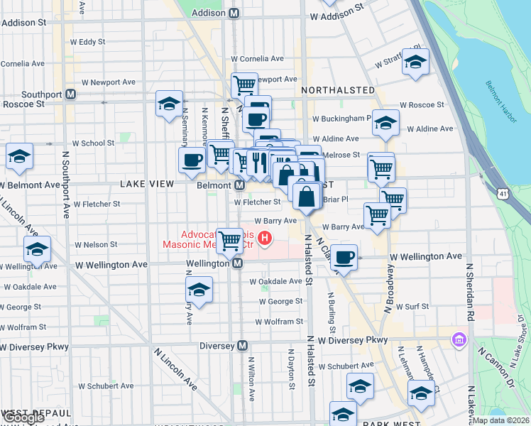 map of restaurants, bars, coffee shops, grocery stores, and more near 846 West Barry Avenue in Chicago