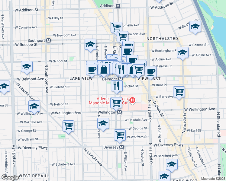 map of restaurants, bars, coffee shops, grocery stores, and more near 3110 North Sheffield Avenue in Chicago