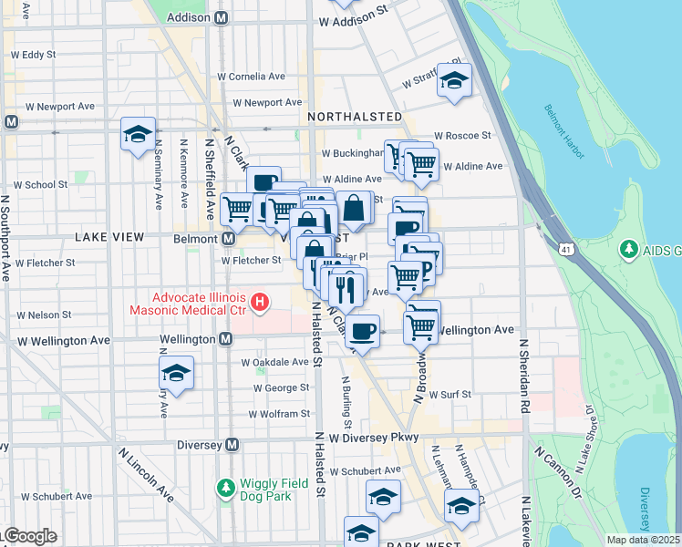 map of restaurants, bars, coffee shops, grocery stores, and more near 727 West California Terrace in Chicago