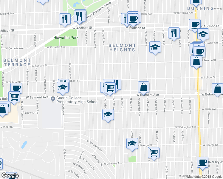 map of restaurants, bars, coffee shops, grocery stores, and more near 3218 North Overhill Avenue in Chicago