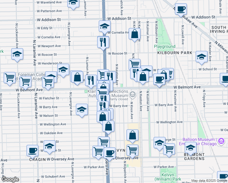 map of restaurants, bars, coffee shops, grocery stores, and more near 4743 West Belmont Avenue in Chicago