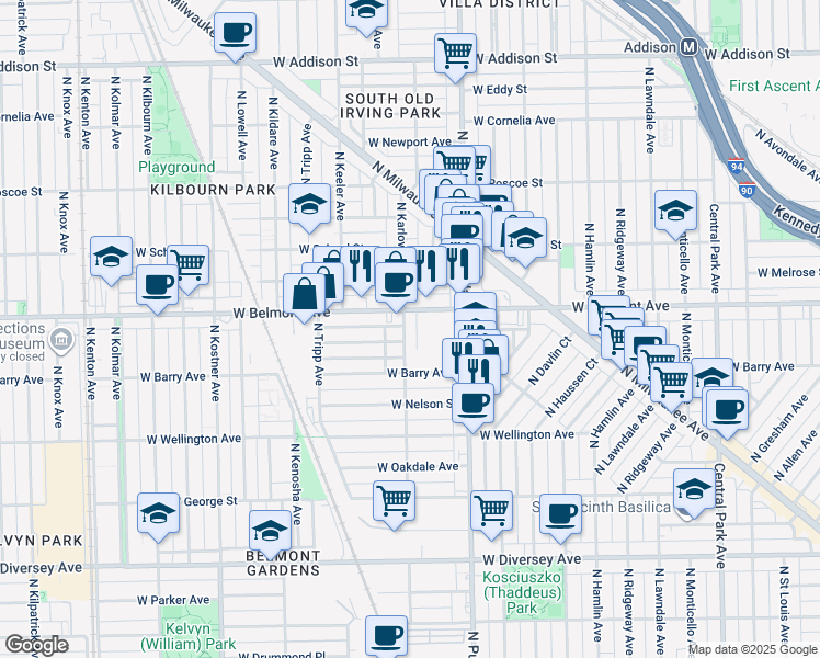 map of restaurants, bars, coffee shops, grocery stores, and more near 3143 North Karlov Avenue in Chicago
