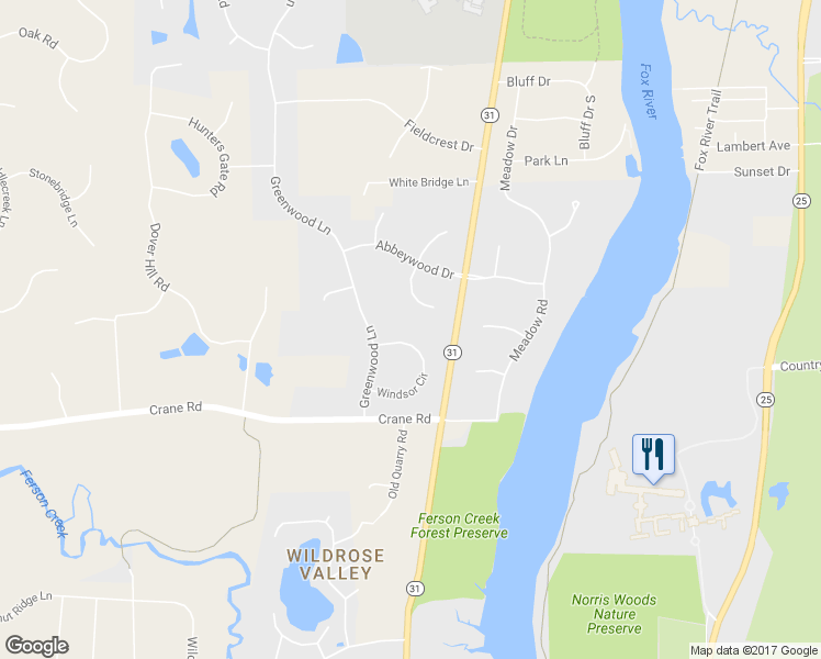 map of restaurants, bars, coffee shops, grocery stores, and more near 309 Windsor Circle in St. Charles