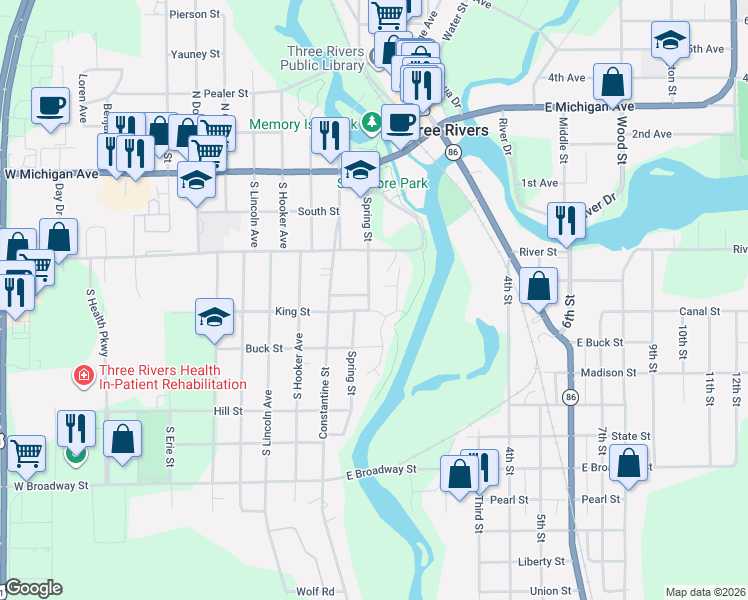 map of restaurants, bars, coffee shops, grocery stores, and more near 404 Spring Street in Three Rivers