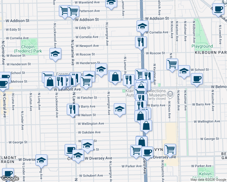 map of restaurants, bars, coffee shops, grocery stores, and more near 4959 West Belmont Avenue in Chicago