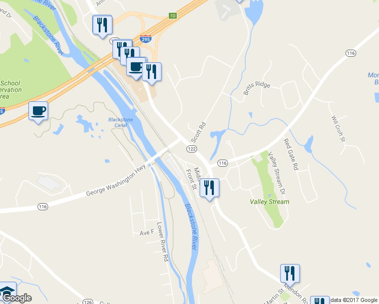 map of restaurants, bars, coffee shops, grocery stores, and more near 1512 Mendon Rd in Cumberland
