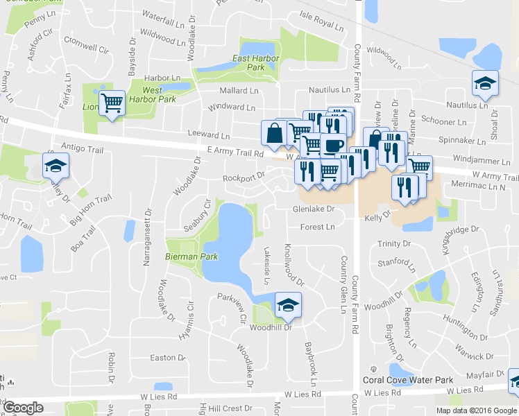 map of restaurants, bars, coffee shops, grocery stores, and more near 1286 Lakeshore Drive in Carol Stream