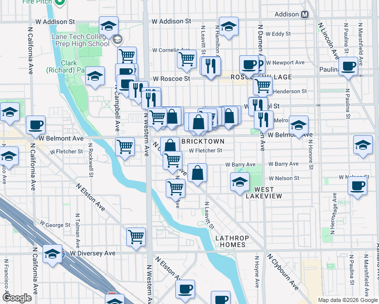 map of restaurants, bars, coffee shops, grocery stores, and more near 2141 West Fletcher Street in Chicago