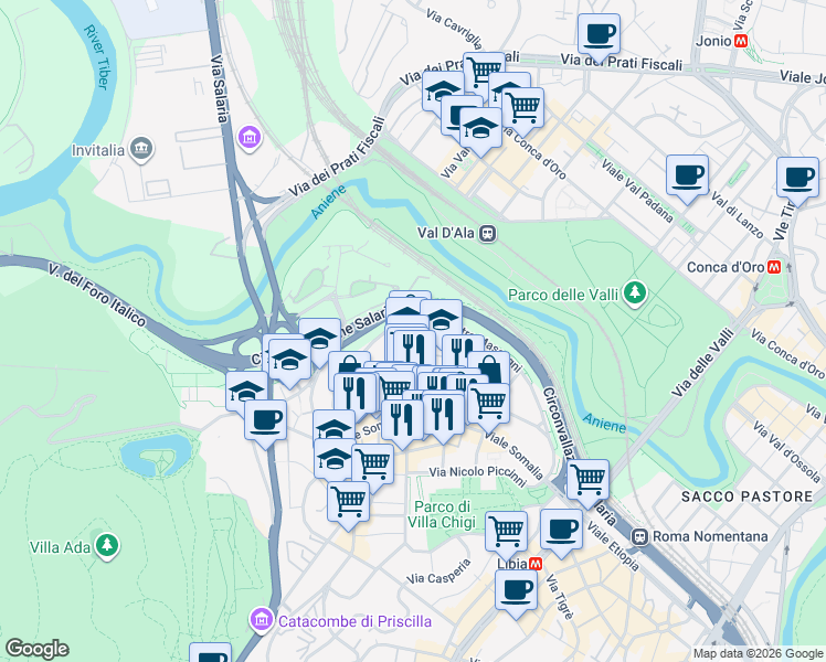 map of restaurants, bars, coffee shops, grocery stores, and more near 104 Via Luigi Mancinelli in Roma