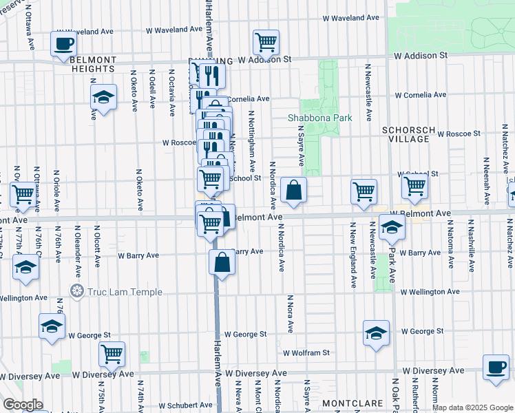 map of restaurants, bars, coffee shops, grocery stores, and more near 3215 North Nottingham Avenue in Chicago