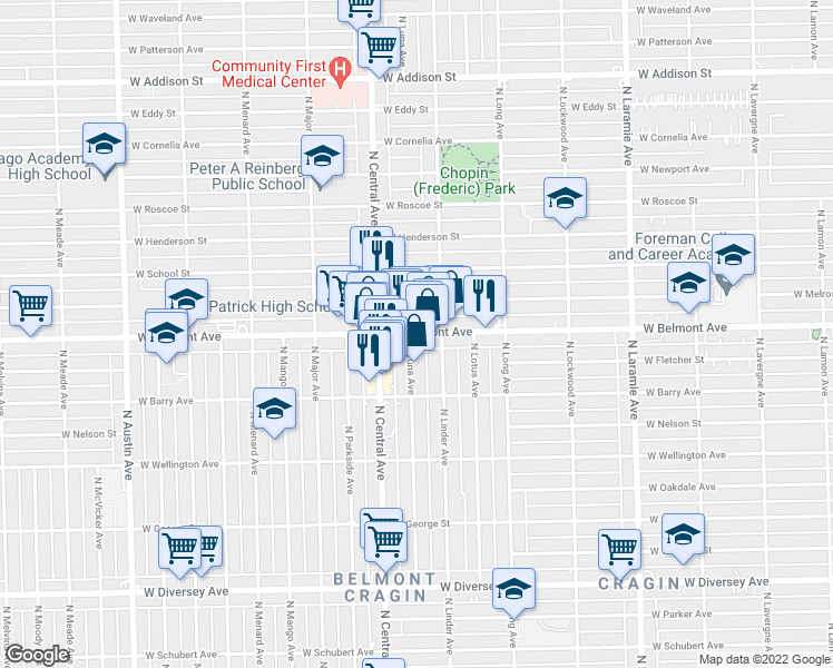 map of restaurants, bars, coffee shops, grocery stores, and more near 5523 West Belmont Avenue in Chicago