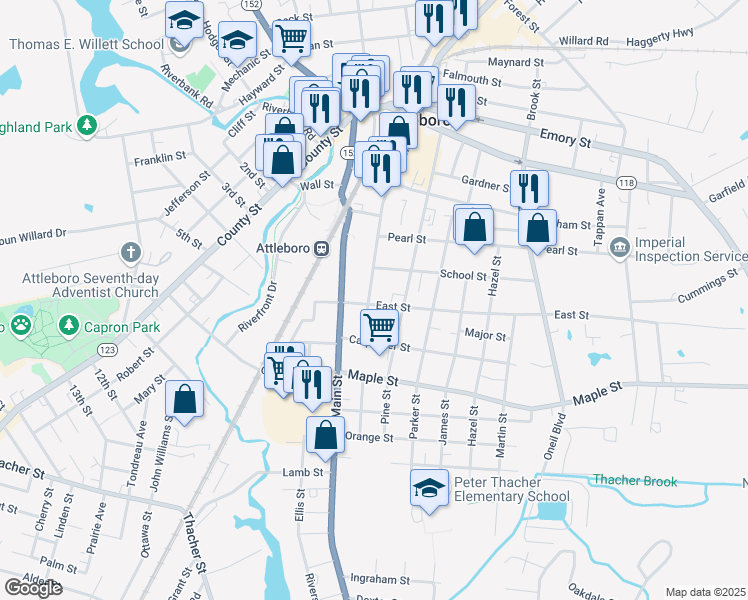 map of restaurants, bars, coffee shops, grocery stores, and more near 170 Union Street in Attleboro