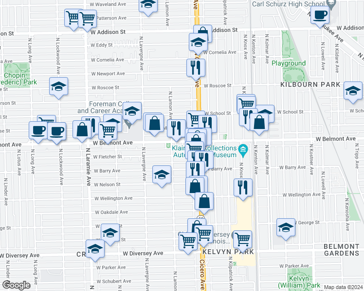 map of restaurants, bars, coffee shops, grocery stores, and more near 4835 West Belmont Avenue in Chicago