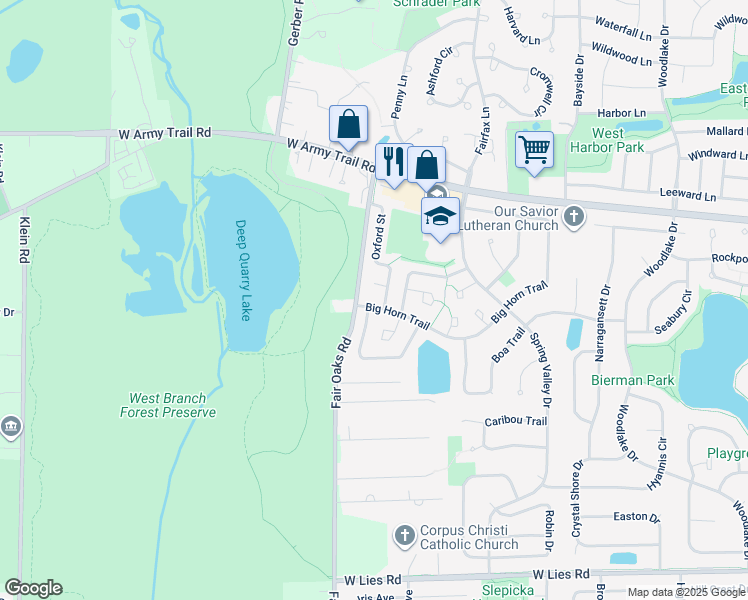 map of restaurants, bars, coffee shops, grocery stores, and more near 1445 Big Horn Trail in Carol Stream