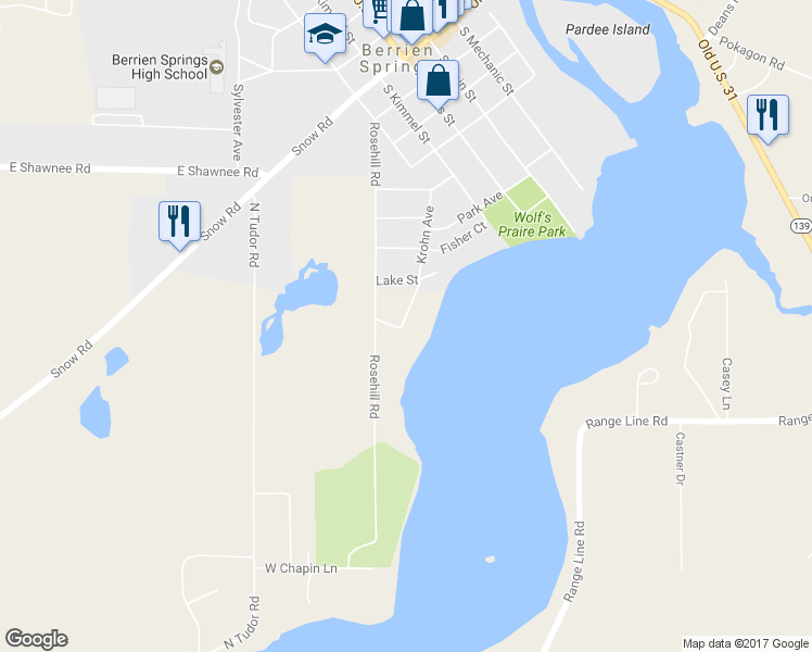 map of restaurants, bars, coffee shops, grocery stores, and more near 9957 Lakeview Drive in Berrien Springs