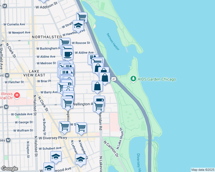 map of restaurants, bars, coffee shops, grocery stores, and more near 3130 North Lake Shore Drive West in Chicago