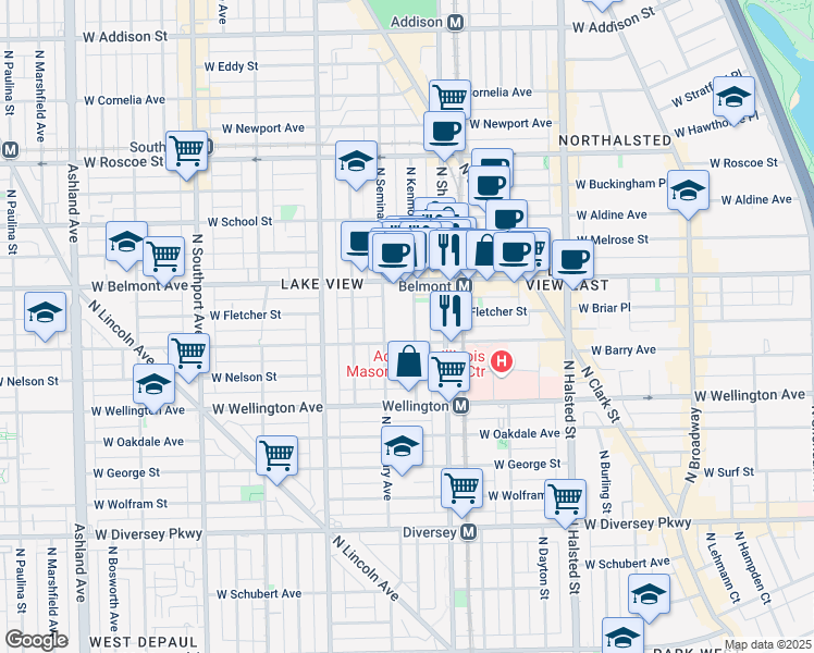 map of restaurants, bars, coffee shops, grocery stores, and more near 3112 North Kenmore Avenue in Chicago
