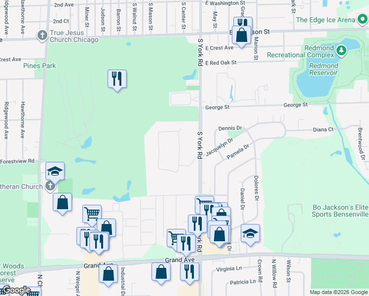 map of restaurants, bars, coffee shops, grocery stores, and more near 818 South York Road in Bensenville
