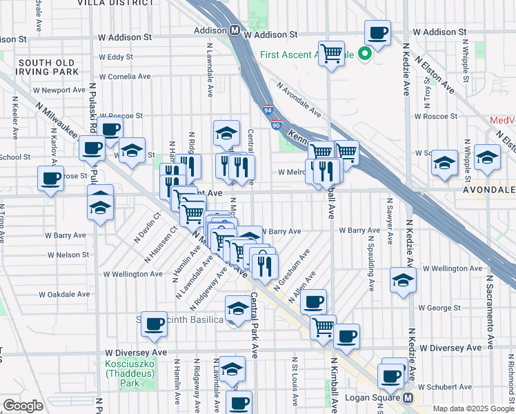 map of restaurants, bars, coffee shops, grocery stores, and more near 3139 North Central Park Avenue in Chicago