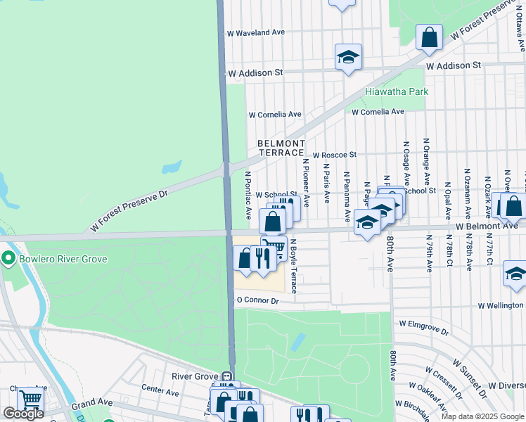 map of restaurants, bars, coffee shops, grocery stores, and more near 3230 North Plainfield Avenue in Chicago