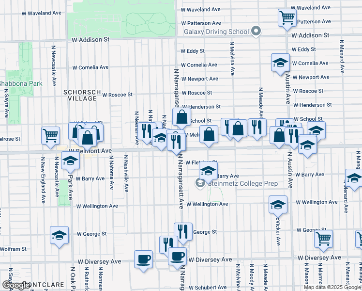 map of restaurants, bars, coffee shops, grocery stores, and more near 3195 North Narragansett Avenue in Chicago