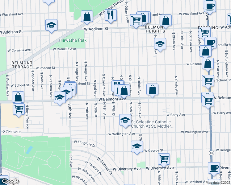 map of restaurants, bars, coffee shops, grocery stores, and more near 3218 North Ozark Avenue in Chicago