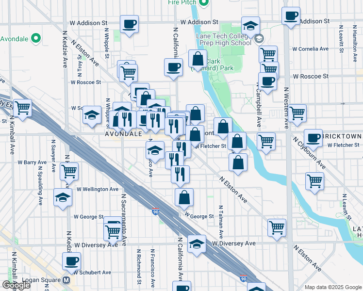map of restaurants, bars, coffee shops, grocery stores, and more near 3127 North California Avenue in Chicago