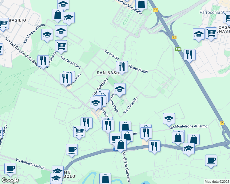 map of restaurants, bars, coffee shops, grocery stores, and more near Via Morrovalle in Rome
